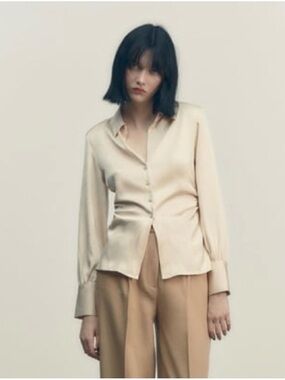 Zara Satin Ruched Button Front Blouse Cream Shirt Shoulder Pads Size L